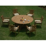 Teak Dining Set:6 Seater 7 Pc -72" Round Table And 6 Cahyo Stacking Arm Chairs Outdoor Patio Grade-A Teak Wood WholesaleTeak #WMDSCH4