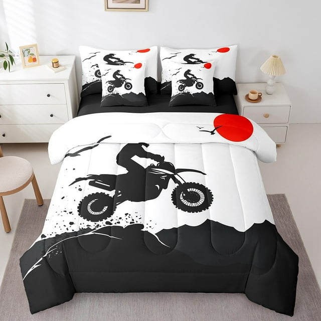 YST Dirt Bike Boys Bed In A Bag Queen 7 Piece Motocross Rider Comforter Set For Kids Teen Young Men Extreme Games Sport Bedding Set Motorcycle Mountain Road Bed Sheet Set With Comforter