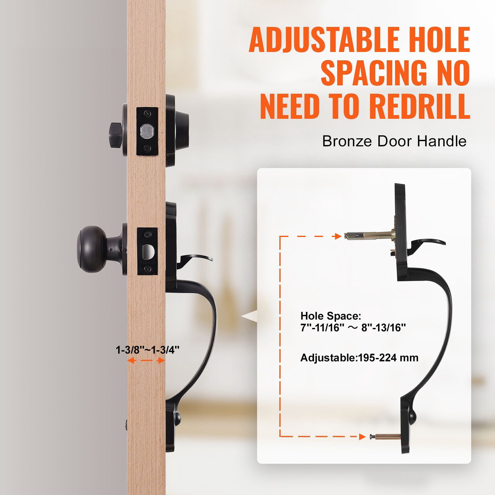 Front Door Lock Set with Deadbolt Zinc Alloy Copper-Plated Finish Adjustable Hole Spacing 7-11/16 to 8-13/16 Inch Reversible for Left/Right Doors