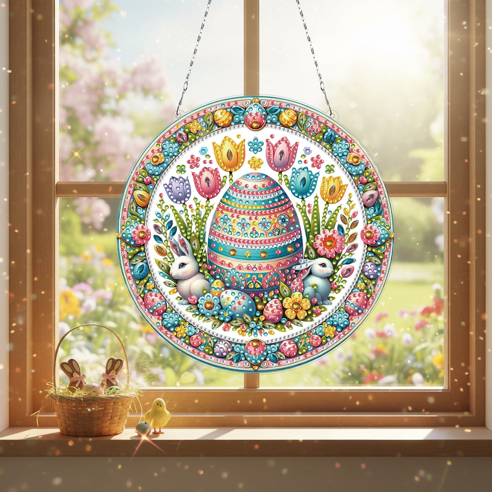 FLOPESN Circular Traditional-Style DIY Diamond Art Painting Pendant Easter Creative Design PET Material Home Decor Pendant