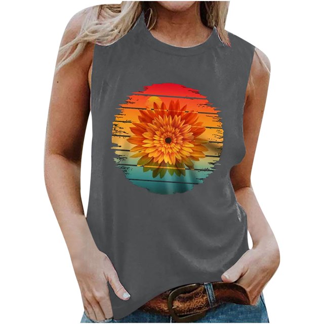 Camiseta Sin Mangas Para Mujer, Sin Mangas, Con Estampado Informal, Cuello Redondo, Camiseta Suelta Odeerbi ODB159145
