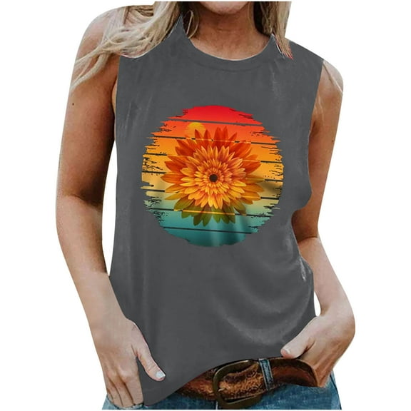 Odeerbi Tank Top for Women Sleeveless Cami Tops 2025 Casual Print Round Neck Loose T-Shirt Top Claret