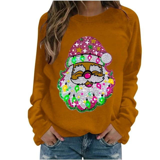 Jienlioq Hauts de Sortie pour Femmes Femmes Mode Décontractée Imprimé Col Rond Ample Manches Longues Chandails Blouse Aubaines Vendredi Fou