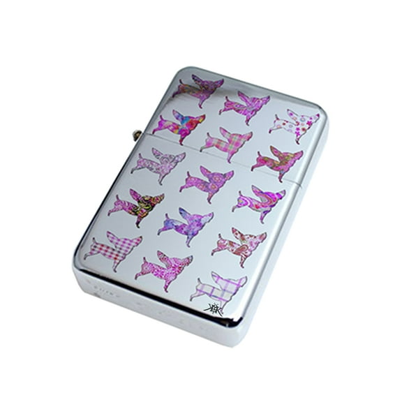 KuzmarK Silver Windproof Flip Top Lighter -  Chihuahua Dog Pink