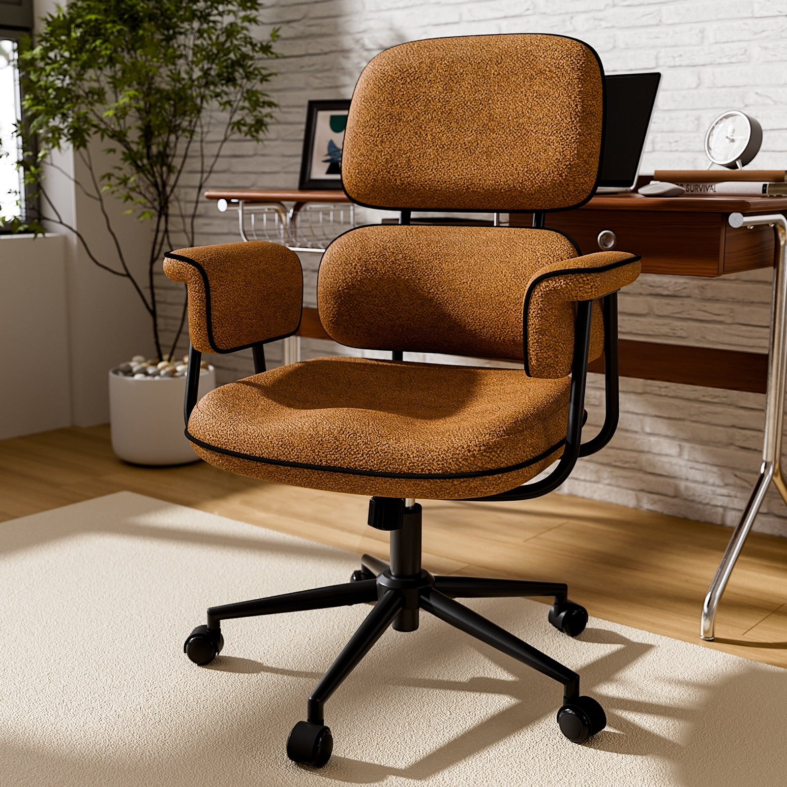 HomeZeer Executive Mid Century Modern Office Chair, Brown Linen Fabric with Memory Foam Wide Seat, Split Back, Padded Arms & Adjustable Height, Vintage Desk Chair for Home Office, Wheels Included