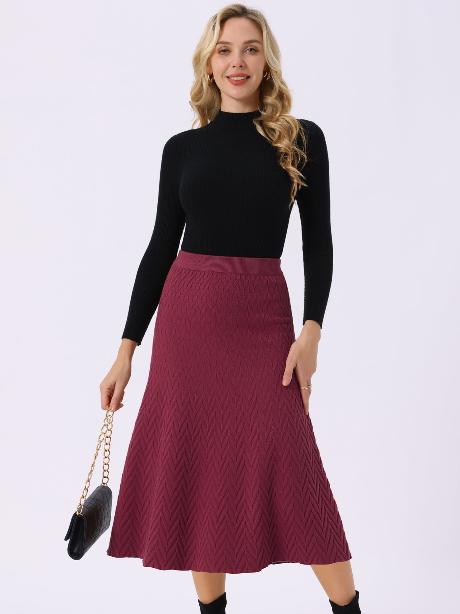 DARING DIVA Women's A-Line Skirts Stretchy Sweater Midi Skirt S Burgundy
