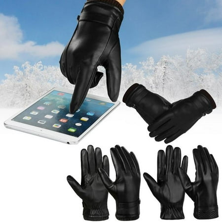 Vbiger Men PU Leather Touch Screen Gloves Winter Warm Gloves Thick Warm Cycling Mittens Sports Gloves for Men, Black