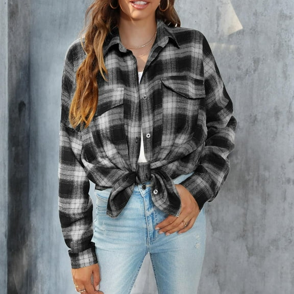 Jacenvly Womens Flannel Jacket Plaid Corduroy Jacket Soft Comfortable Long Sleeve Spring Coats Lapels Pocket Button up Shirts for Women Leisure Fashion Thigh Length Tops