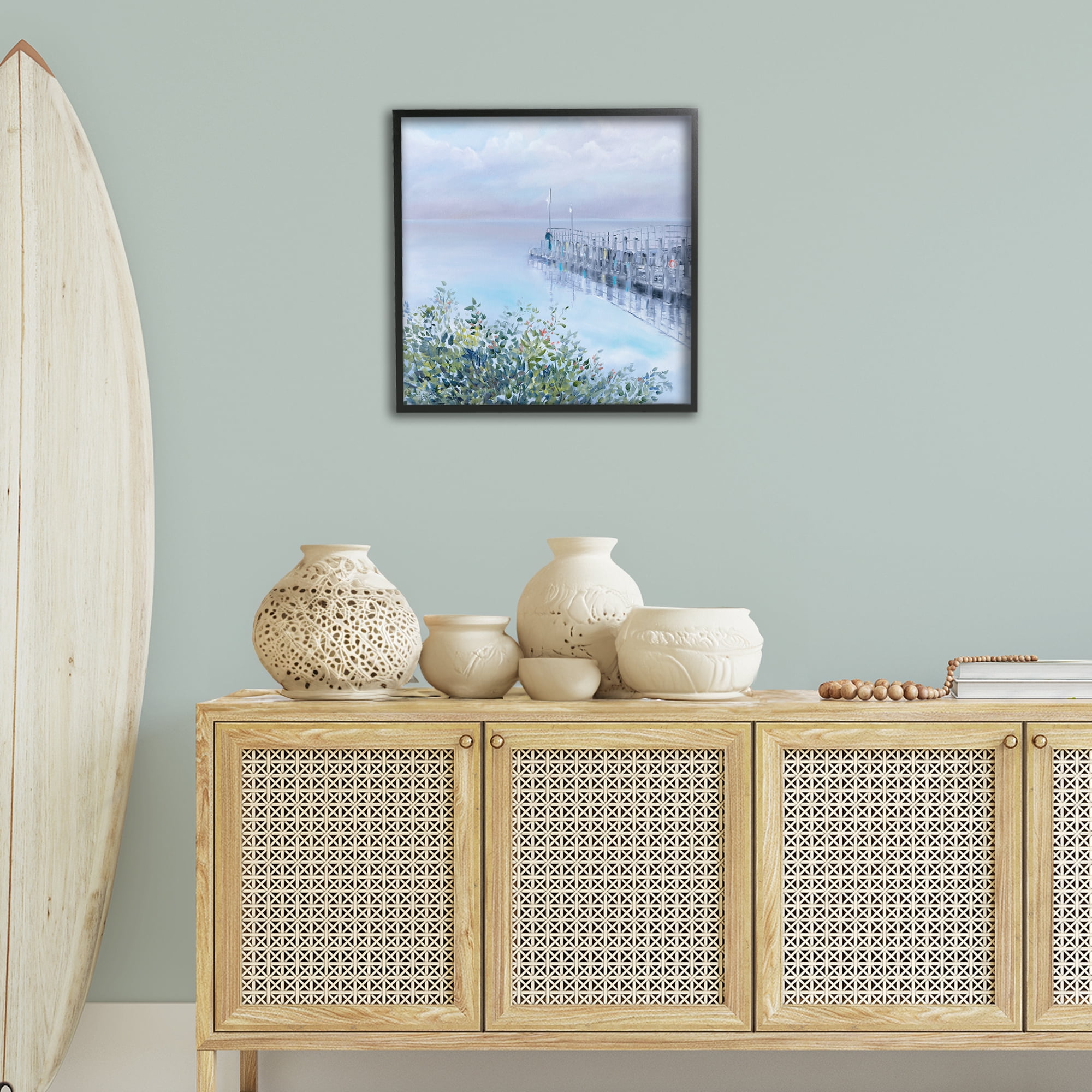 Stupell Industries Foggy Harbor Dock Landscape Painting Black Framed Art Print Wall Art, 24 x 24