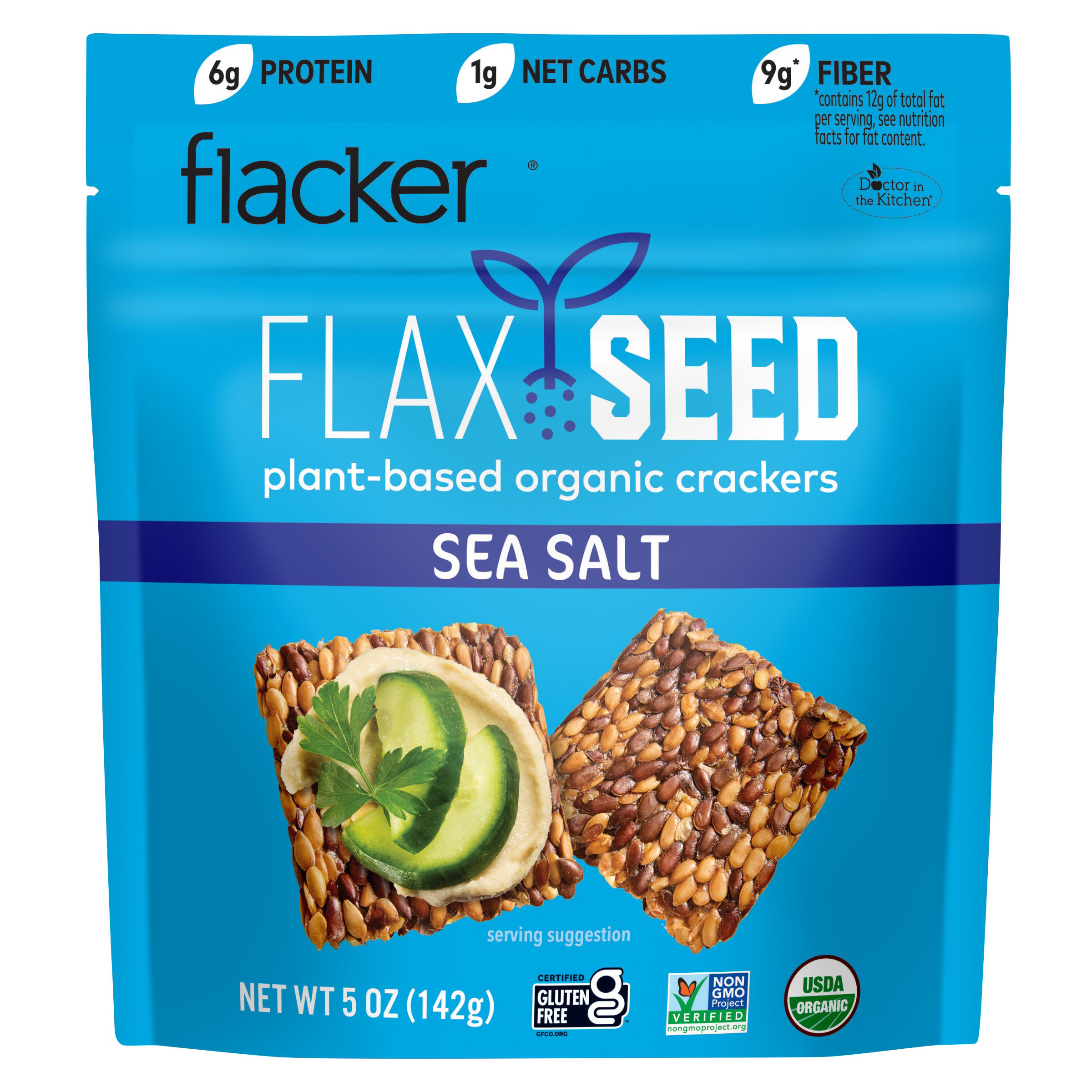 Flackers Organic Sea Salt Flaxseed Crackers, Gluten Free, Non-GMO, Vegan, Keto, 5 Ounce / 6-Pack
