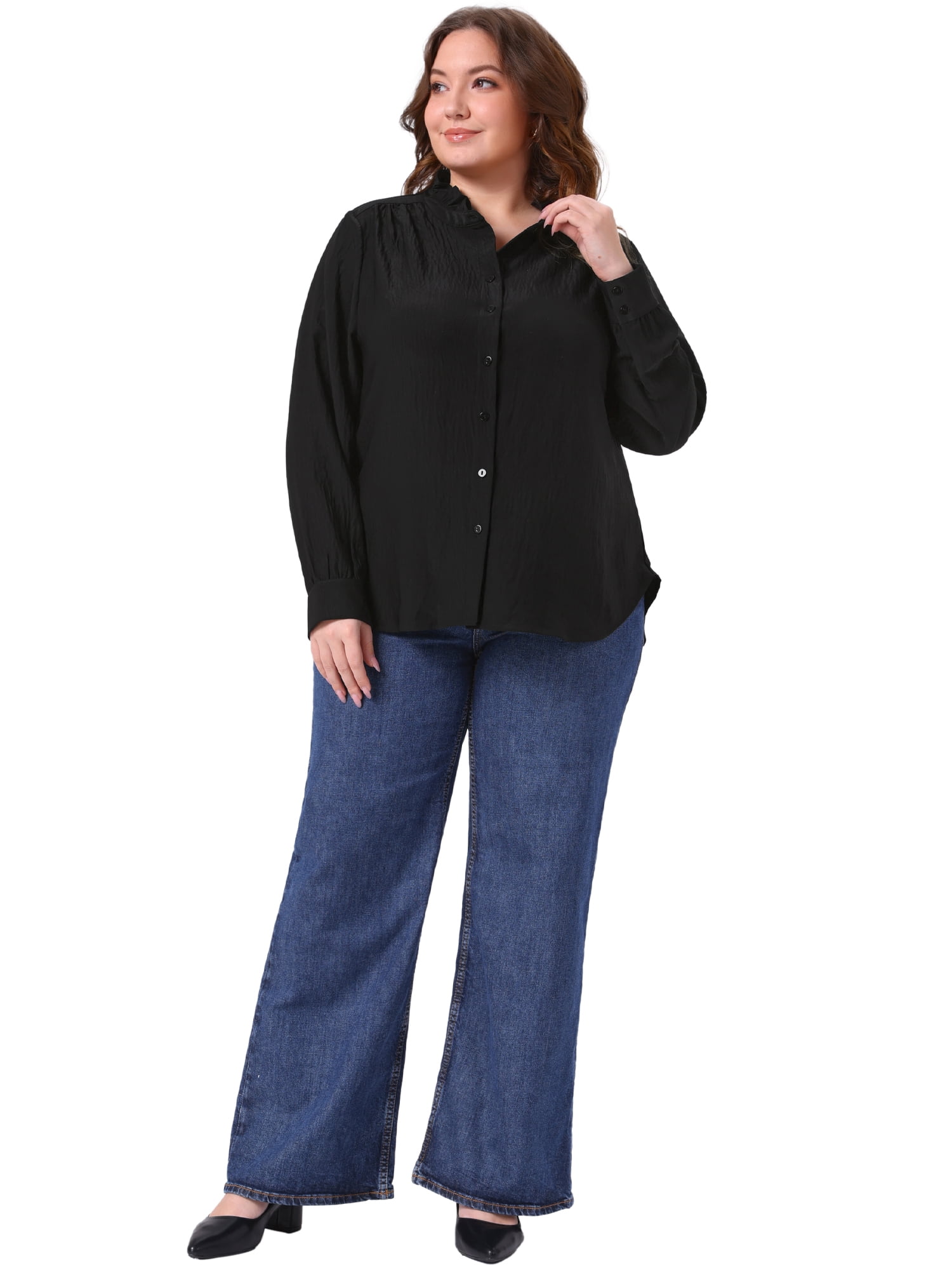 DARING DIVA Women's Plus Work Office Button Down Shirt Ruffle Stand Collar 2X Black
