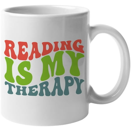

Reading Is My Therapy Book Lover Quote Groovy Retro Wavy Text Merch Gift White 11oz Ceramic Mug