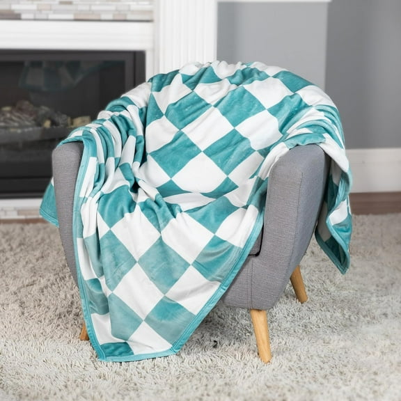 Teal and White Checkered Polyester Throws