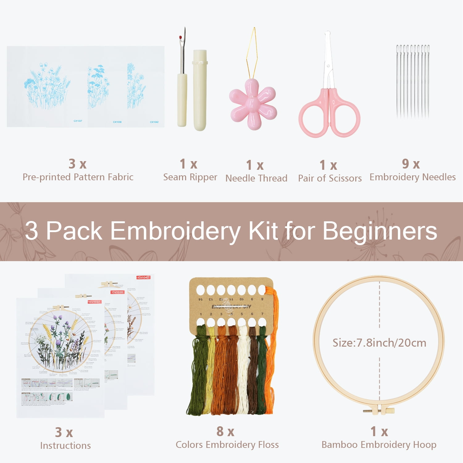 RidaaFri 3 Sets Floral Embroidery Kit Beginners, DIY Adults Craft Set, Step-by-Step Guide Video