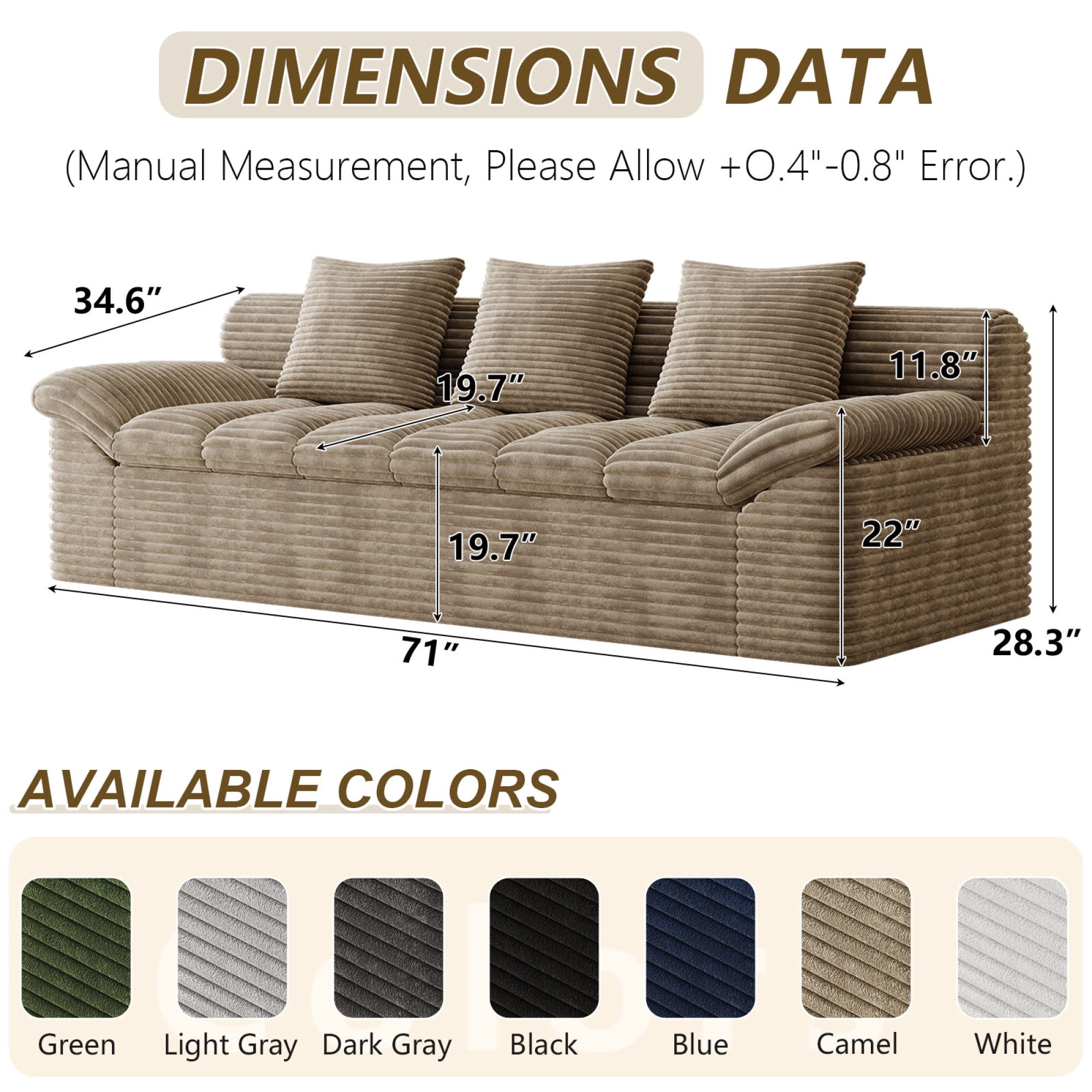 Leumius 3 Seater Boneless Couch for Living Room, Upholstered Corduroy Fabric Loveseat Couch with Deep Seats,Cloud Sofa for Living Room,No Assembly Required,Camel