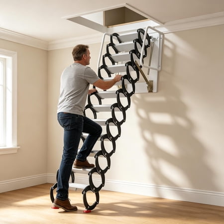 12-Step Wall Mounted Attic Ladder Kit with Handrails, 1300 lbs Capacity Telescopic Fold Ladder, Titanium-Magnesium Alloy Folding Loft Staircase for Attics, Garages, Roofs, Basements.