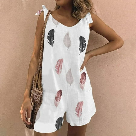

Dasayo White Workout Romper for Women Casual Print Pocket Romper Short Playsuit Bandage Sleeveless Jumpsuit