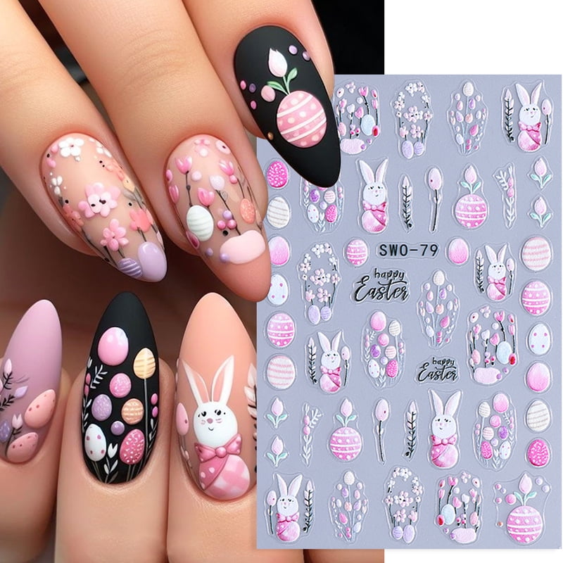 3D Easter Bunny Nail Art Stickers Decals 3D Cute Cartoon Egg Rabbit Flower Florals Adhesive Slider DIY Manicure Decoration Foils