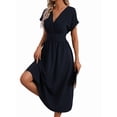 thumbnail image 3 of Womens Solid Color Overlap V Neck Batwing Sleeve Waist Pleated Long Elegant Dress Maxi Navy Blue XL, 3 of 10