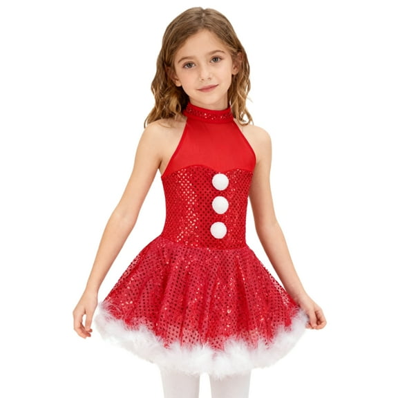 Sholeno Girls Halter Neck Sleeveless Sequins Tutu Dress Christmas Snowman Figure Skating Dance Dress Red 10