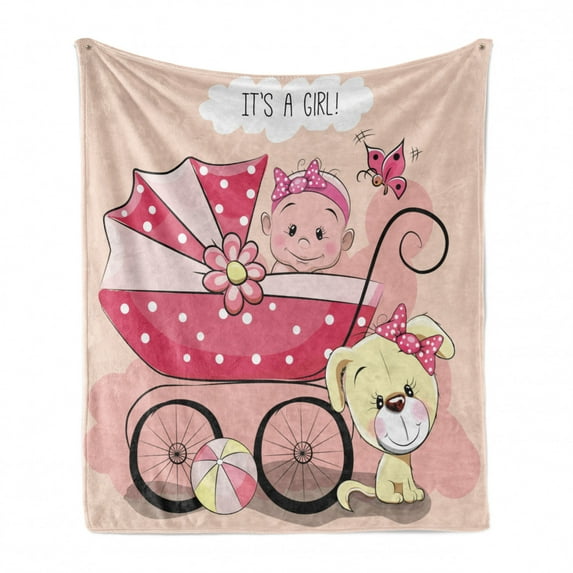 Gender Reveal Soft Flannel Fleece Blanket, Greeting for New Infant Puppy Dog and Baby Carriage Pastel Colors, Cozy Plush for Indoor and Outdoor Use, 60" x 80", Pale Yellow and Pink, by Ambesonne