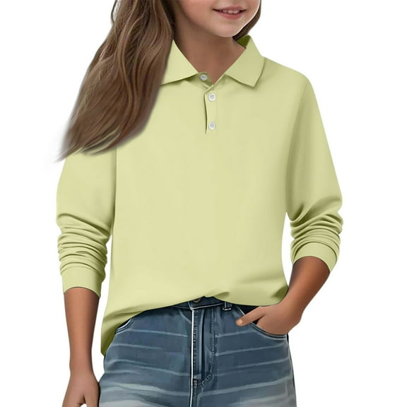 Lumtrix Girls Long Sleeve Polo Shirt Dressy Spring Summer Collared Uniform Loose Fit Solid Tops Beige 110