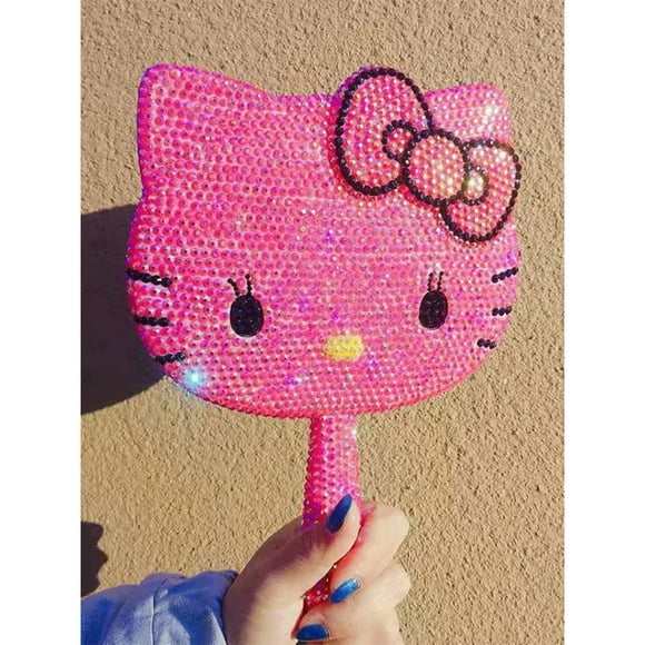 Kawaii Sanrioed Anime Hello Kittys Handmade DIY Shiny Rhinestones Handle Makeup Handheld Mirror Christmas Birthday Gifts