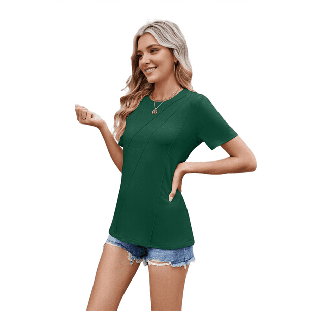 Blusa Plisada de Cuello Redondo para Mujer, Informal, Holgada, de Corta, Verde Oscuro, Talla M