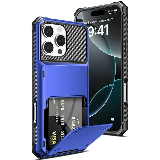 Funda tipo cartera COOYA para iPhone 16 Pro de 6,3 pulgadas, azul con 5 ranuras para tarjetas