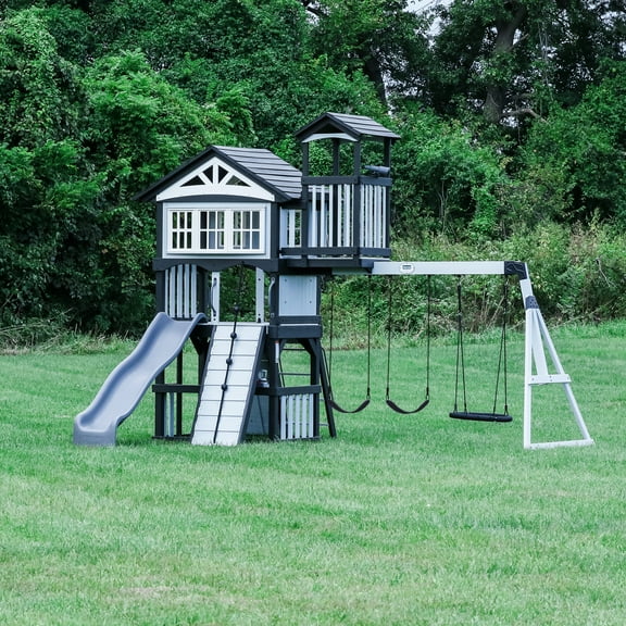 Backyard Discovery Whispering Point Light Gray Cedar Wood Swing Set, Slide, Clubhouse