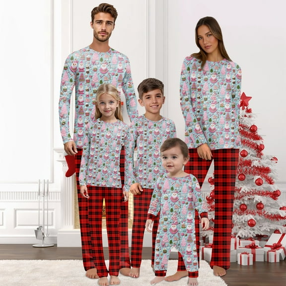 Onlypjs Matching Family Christmas Pajamas for Men, Women and Couples– Colorful Santa & Ornament Print Tops with Red Plaid Pants