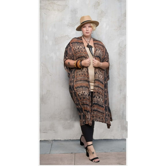 Plus Size Brown/Black/Tan Maxi Kimono Duster With Side Slits