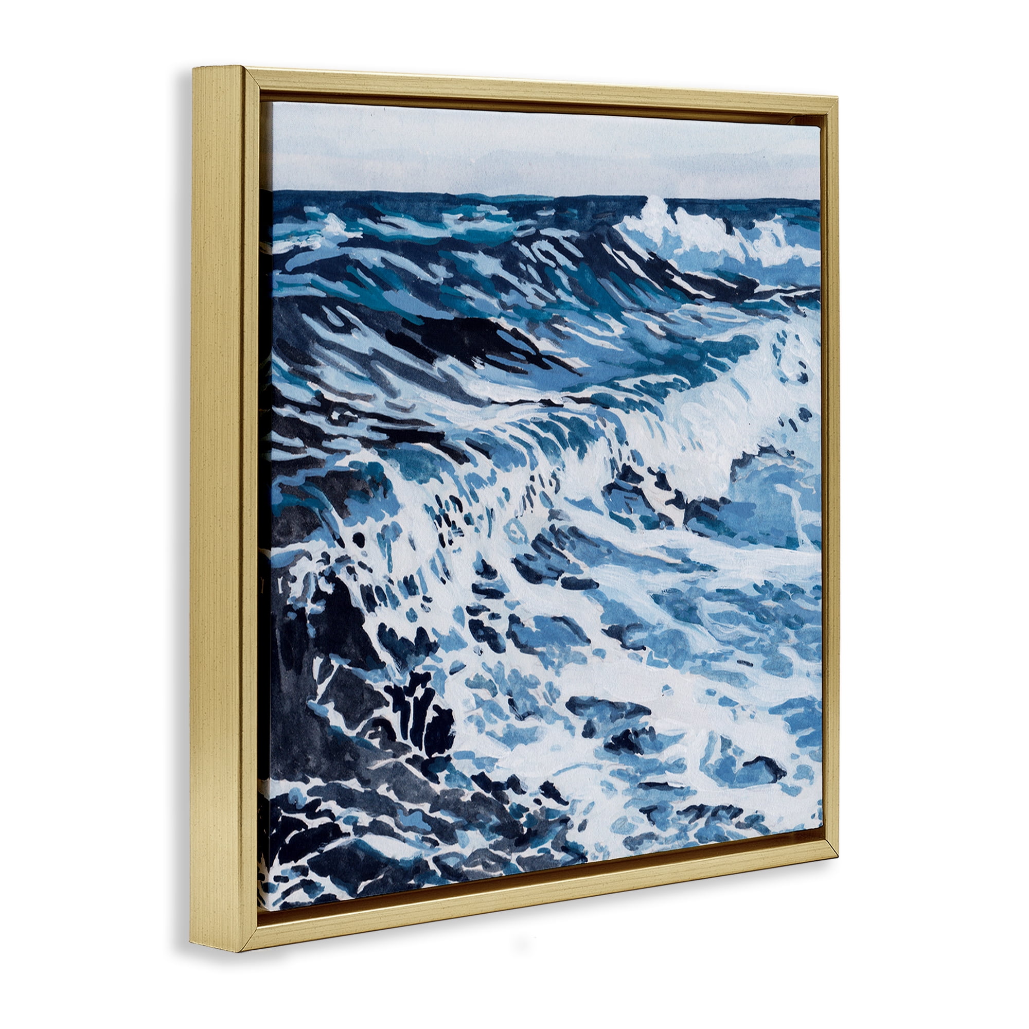 Stupell Industries Blue Rolling Waves Landscape Painting Gold Floater Framed Canvas Art Print Wall Art, 25 x 25