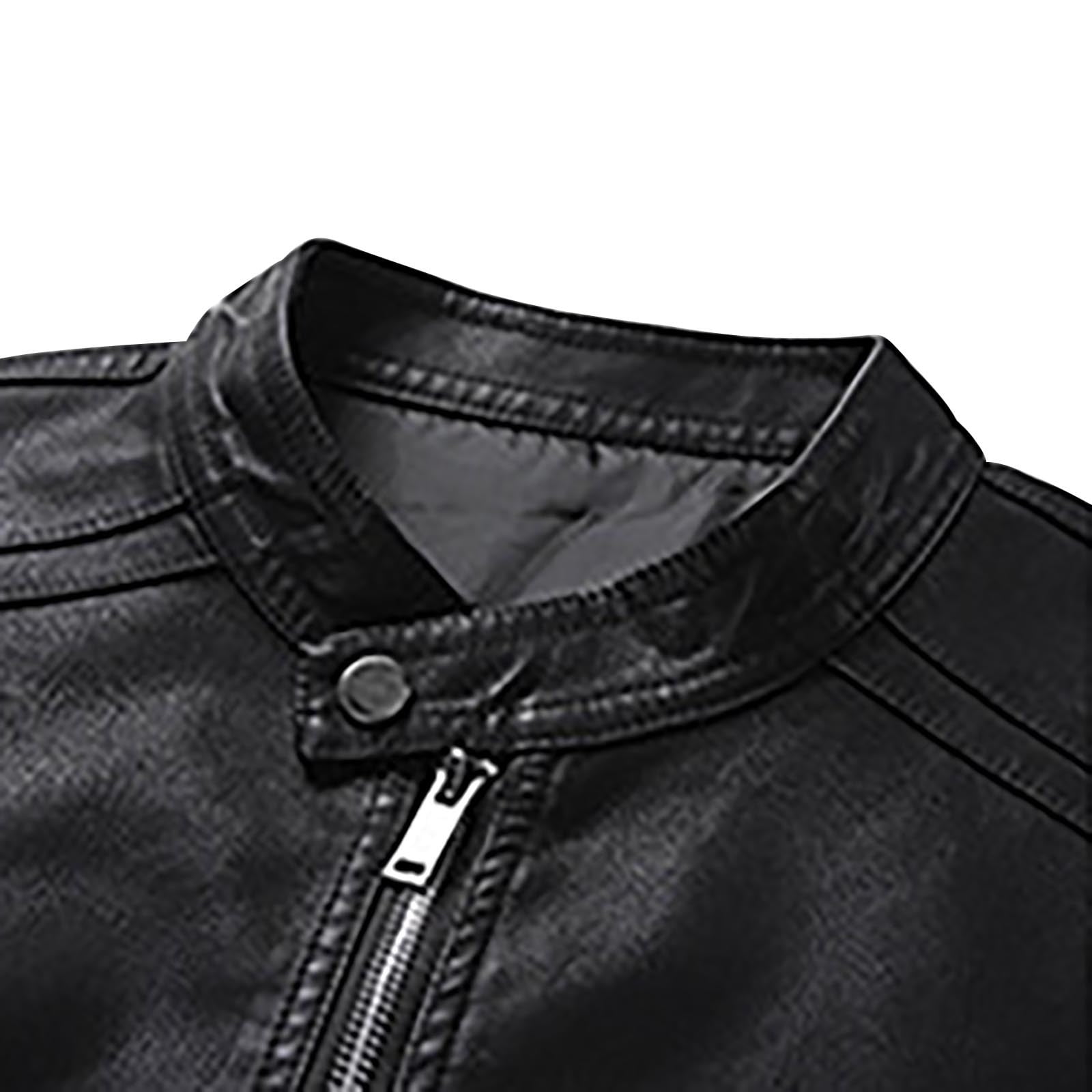 USNSM (M-5XL) Big and Tall Mens Stand Collar Slim Leather Jacket Motorcycle Causal Coat Long Sleeve Hoodless Leather Jackets Black XXXXXL