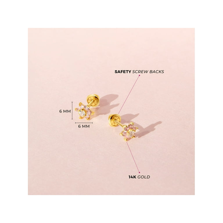 Girls' Flower Cluster Screw Back 14K Gold Earrings - Clear - in Season Jewelry