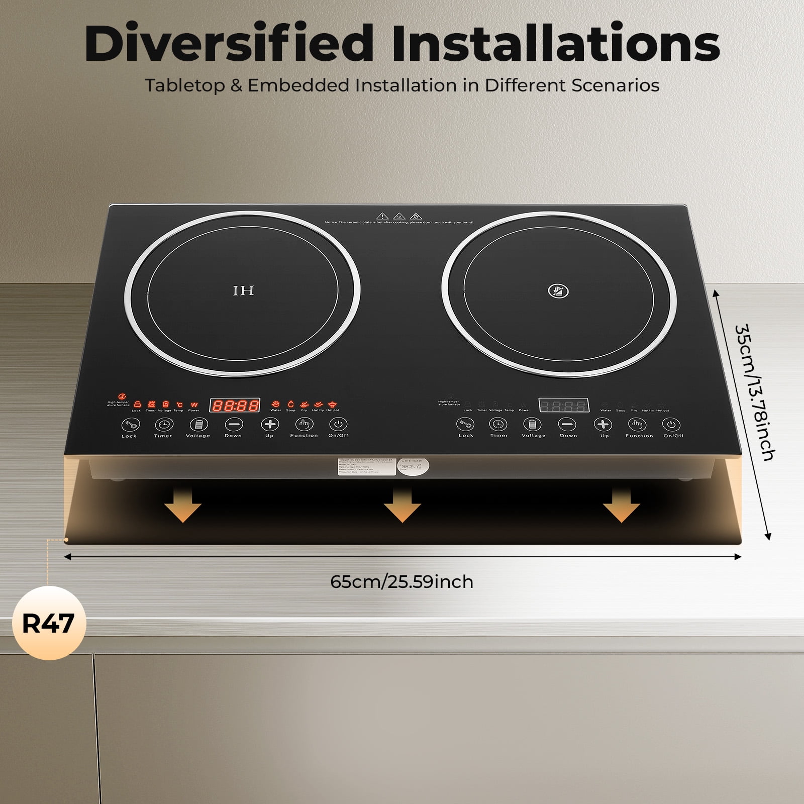 Double Burner 2400W Induction Cooktop with Touch Controls, Black Crystal Panel, 8 Power Levels, Non-Slip Pads, 110V, Easy to Clean & Fast Heat Dissipation
