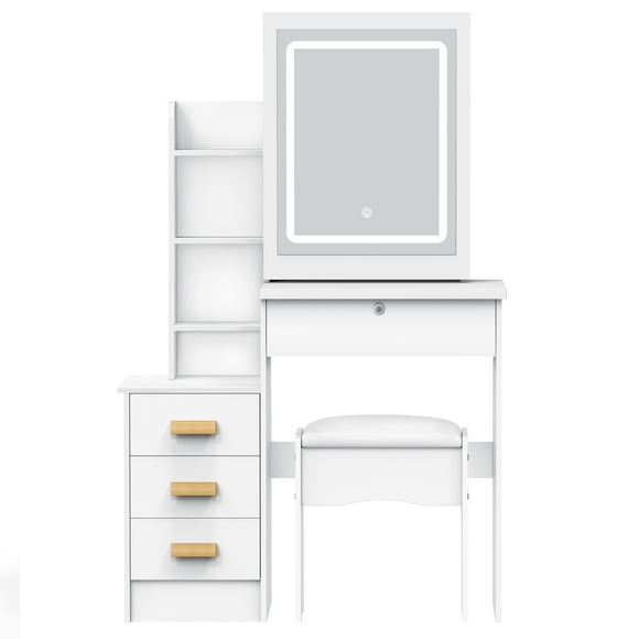 Sliding Mirror Vanity Desk | LED Lights & Storage Shelves | Compact Bedroom Makeup Station
