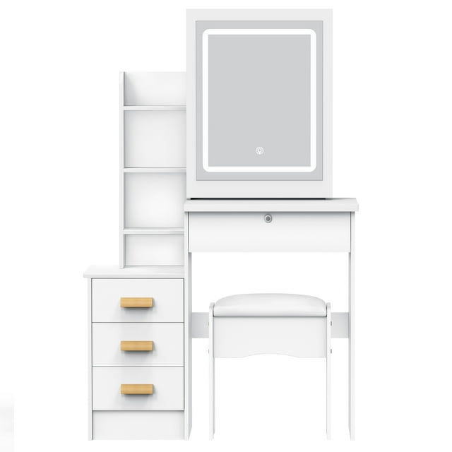 Sliding Mirror Vanity Desk | LED Lights & Storage Shelves | Compact Bedroom Makeup Station