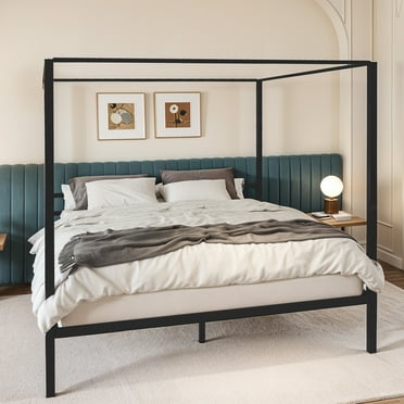 Dextrus King Size Black Canopy Bed Frame with Headboard, No Box Spring Needed