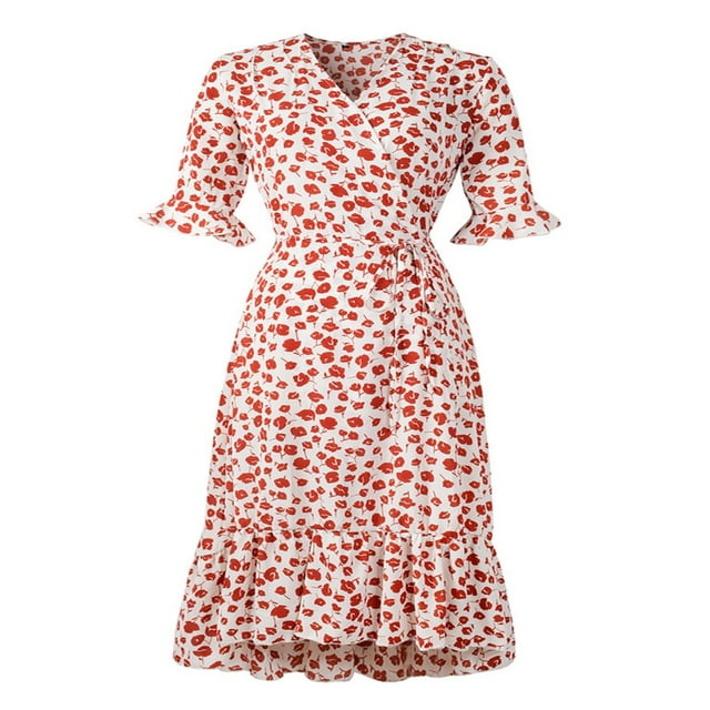 Femmes Midi Robe à Manches Courtes V-Cou Imprimé de Fleurs Élégant Été Casual Partie Robe