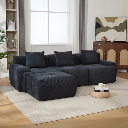 104.3 4-Piece L Shaped Upholstered Modular Sectional Sofa Oversized 3-Seater Boneless Convertible Cloud Tufted Couch Set with Deep Seat & Ottoman 3 Pillows for Living Room No Assembly (Charcoal)
