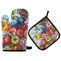 Yayeee Oven Mitts and Pot Holder Set of 4 Heat Resistant Kitchen Gloves Baking Hot Pad, Blue Floral Tomatoes