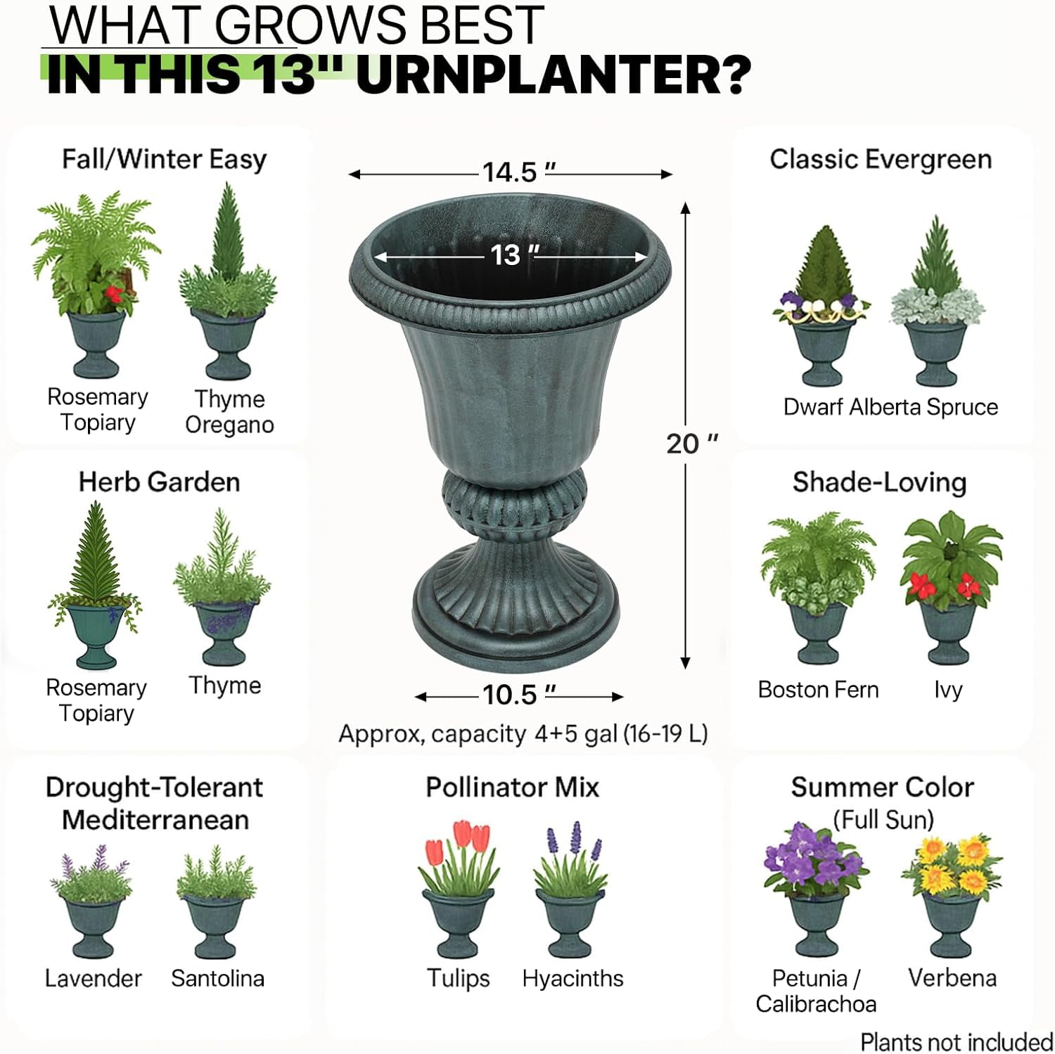 WLTER 20" Urn Planter for Outdoor and Indoor Plants, Large Decorative Front Porch Planter, Vintage Grecian Flower Pot for Patio, Garden & Entryway Décor, Antique Green