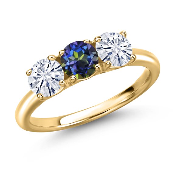 Gem Stone King 18K Yellow Gold Plated Silver Blue Mystic Topaz and White Moissanite Engagement Ring for Women | 1.50 Cttw | Round 5MM | Gemstone November Birthstone | Size 8