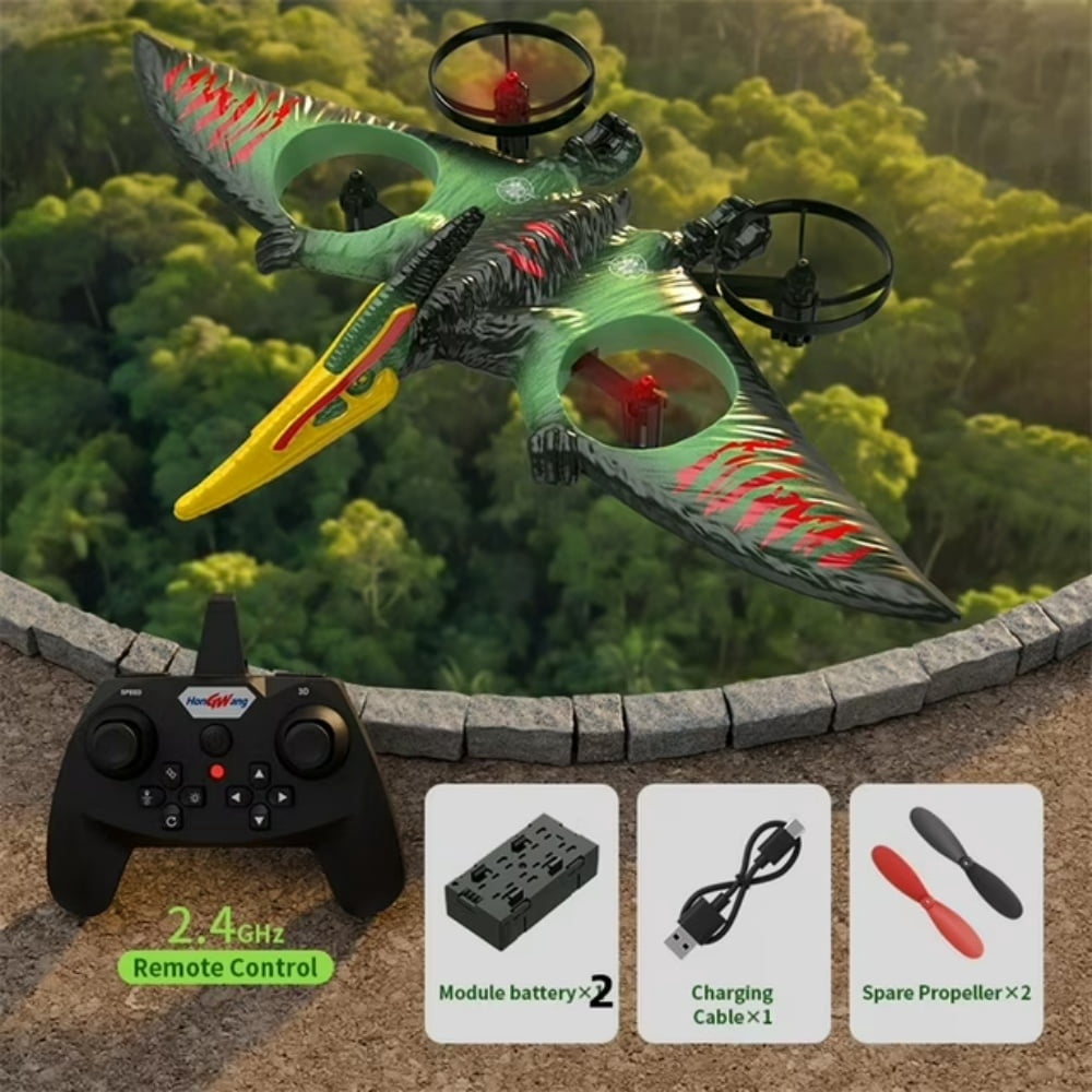 Remote Control Dinosaur Plane Drone  Flying Helicopters Toys with LED Light, Birthday Gifts for 5-12 Years Kids-Green