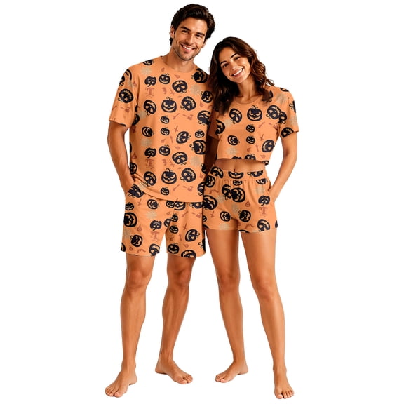 Halloween Pjs, Halloween Couple Matching Pajamas Set, Orange Black Jack O Lantern Short Sleeve Loungewear, Crop Top & Shorts Sleepwear, Soft Cozy Classic Nightwear for Summer & Home Wear, L