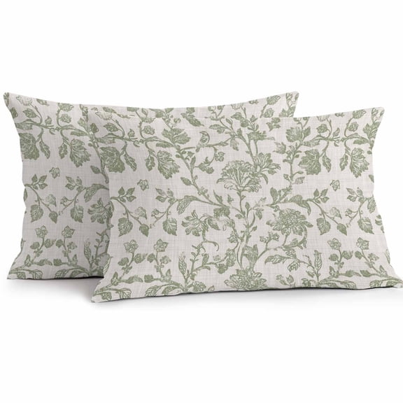 Lumbar Pillow Covers 20x12 Inch Set of 2, Farmhouse Sage Green Waterproof Outdoor Pillow Covers, Vintage Flower Leaf Botanical Decorative Cushion Pillowcases for Couch, Sofa, Bed, Garden, Patio