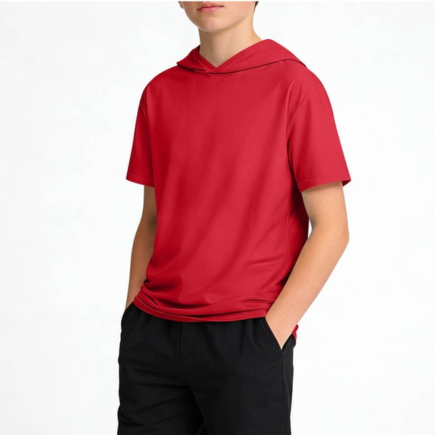 Camiseta informal de manga corta con capucha de color liso para niño, camiseta fresca de algodón para niño
