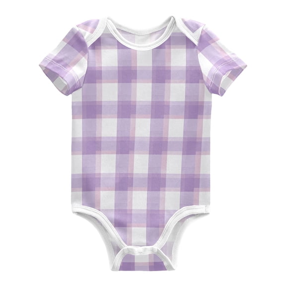 Light Purple Gingham Pattern Pure Cotton Bodysuit Short Sleeve Pajamas One-Piece Romper Unisex 3 Months