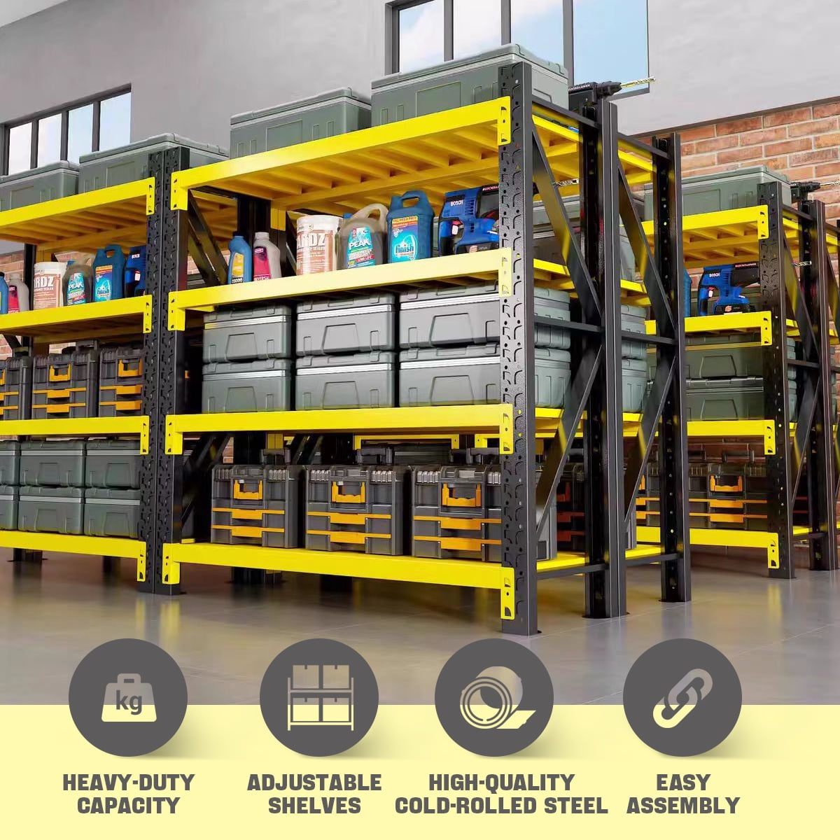 Heavy Duty Storage Rack Shelving Unit, 4-Tier Industrial Warehouse Shelf, Available in Blue-Orange, Yellow, Black (Yellow and Black, W78.74*D23.62*H78.74)
